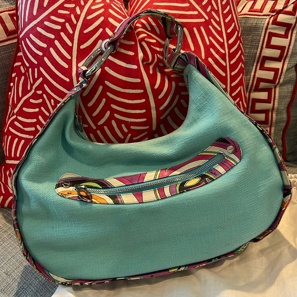 Emilio Pucci Turquoise Leather Hobo with Multicolor Print Trim